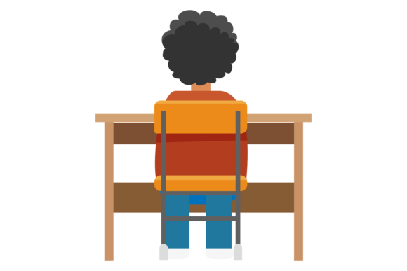 Pupil Boy Sit at School Desk Back View: Design Review